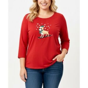 WOMAN WITHIN RED CHRISTMAS BULLDOG THEME TUNIC 1X 100% COTTON LONG SLEEVE WINTER